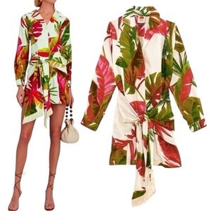 FARM Rio Spring Forest Floral Front Wrap Long Sleeve Shirt Mini Dress NEW Small